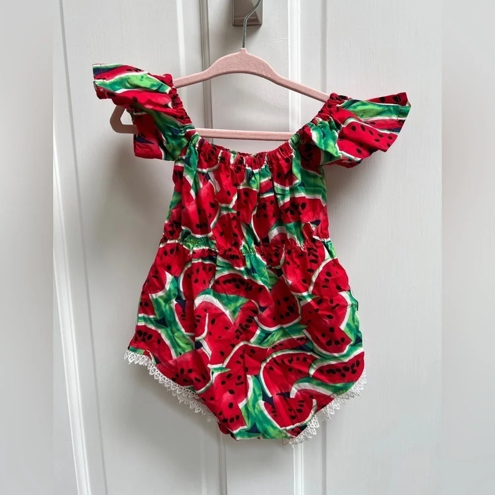 NWOT 18-24M Watermelon Green and Red Flutter Sleeve Custom Made Romper